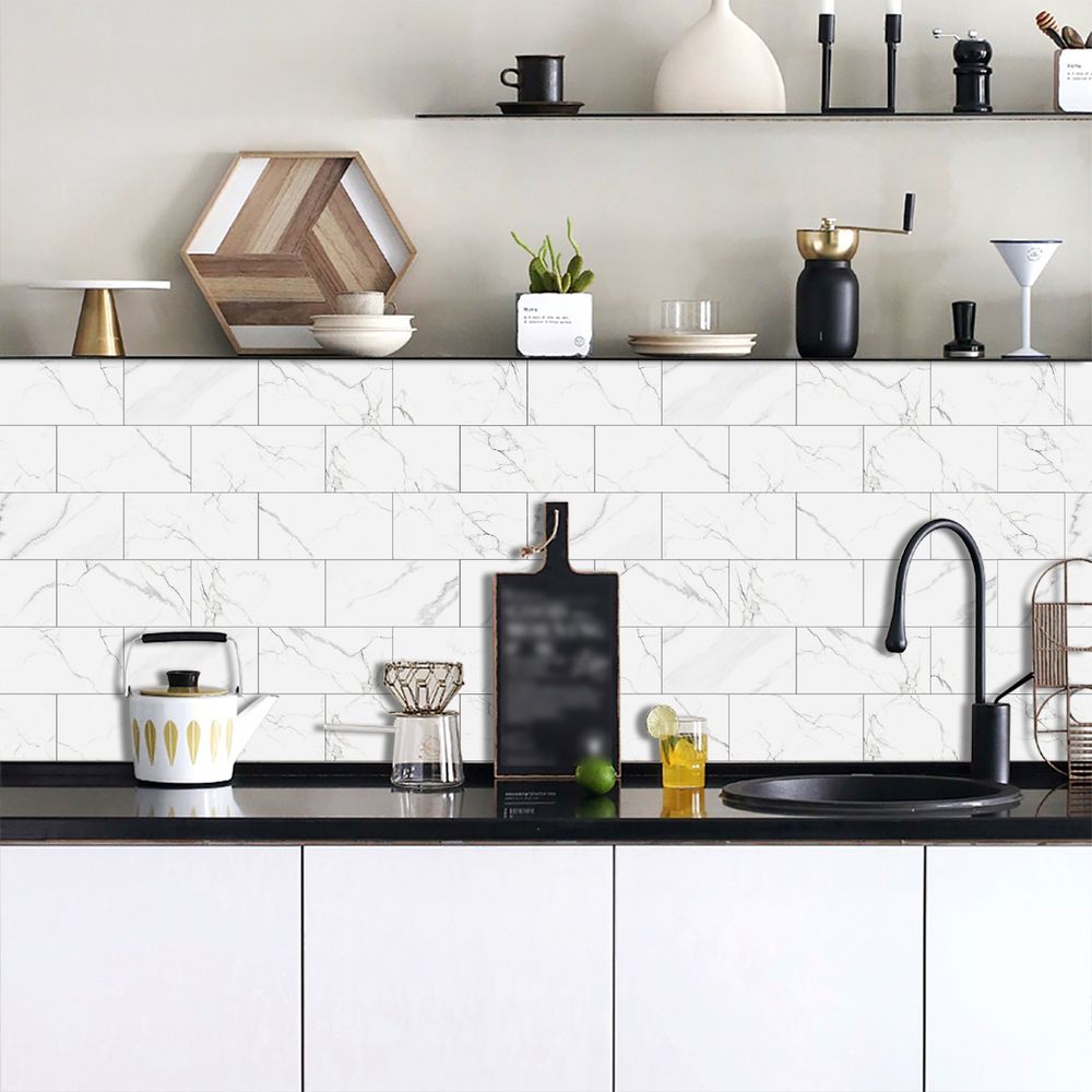 US Local White Marble Look Wall Sticker Peel And Paste Splash-proof PVC Composite Wall Tile Kitchen Bathroom