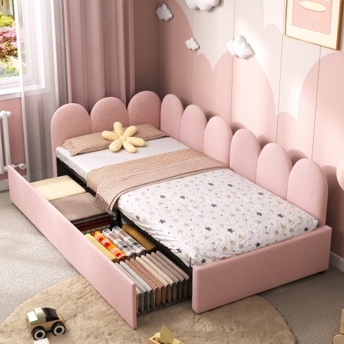 UK Local 3ft Single Daybed With Two Storage Drawers, Modern Youth Bed Frame With Wooden Slats, Velvet Sofa Bed For Living Room Bedroom Study Room, 90X190cm, Easy Assembly, Cream White