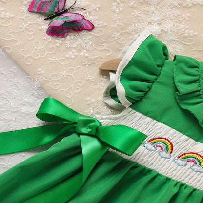 US Local Toddler Girl's Ruffle Sleeve Dress Rainbow Embroidery & Bow Detail With Back Button Closure