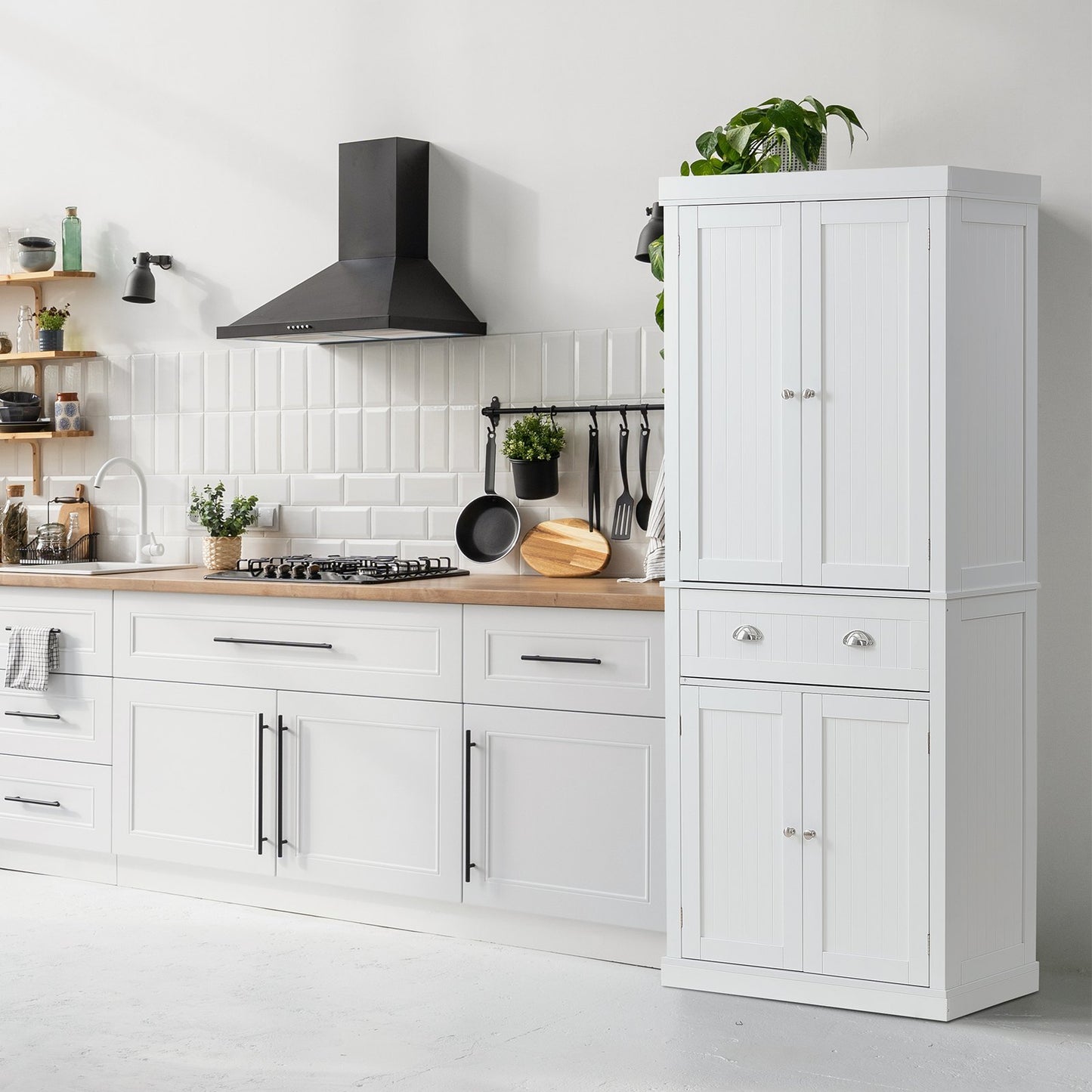 VEVOR  Kitchen Pantry Storage Cabinet, Freestanding Utility Cabinets With Doors, Drawer And 3 Adjustable Shelves, Tall Food Buffet Pantries For Kitchen, Living Room, Dinning Room, Laundry, White