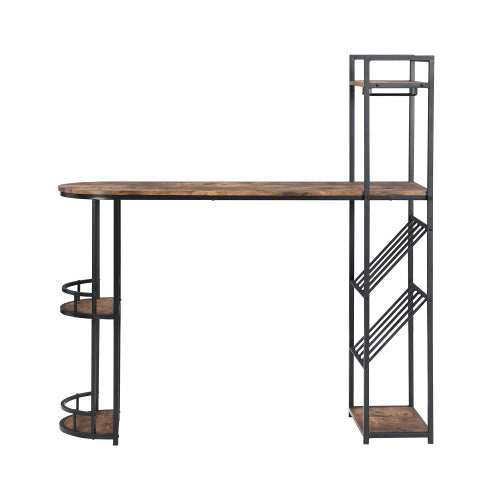 UK Local Industrial Bar Table Set With 2 Chairs, Counter Height Kitchen Dining Table, Wine Rack, And Side Storage, Rustic Brown