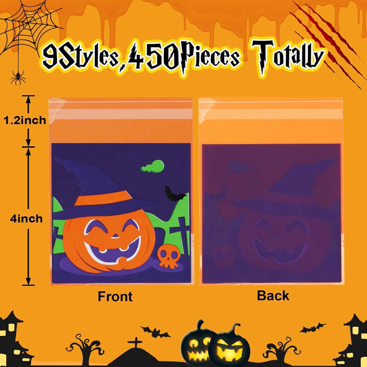 US Local Halloween 450pcs self adhesive candy cellophane treat bags cookie bags for halloween trick or treat goodie party favor supplies 9 patterns