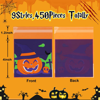 US Local Halloween 450pcs self adhesive candy cellophane treat bags cookie bags for halloween trick or treat goodie party favor supplies 9 patterns