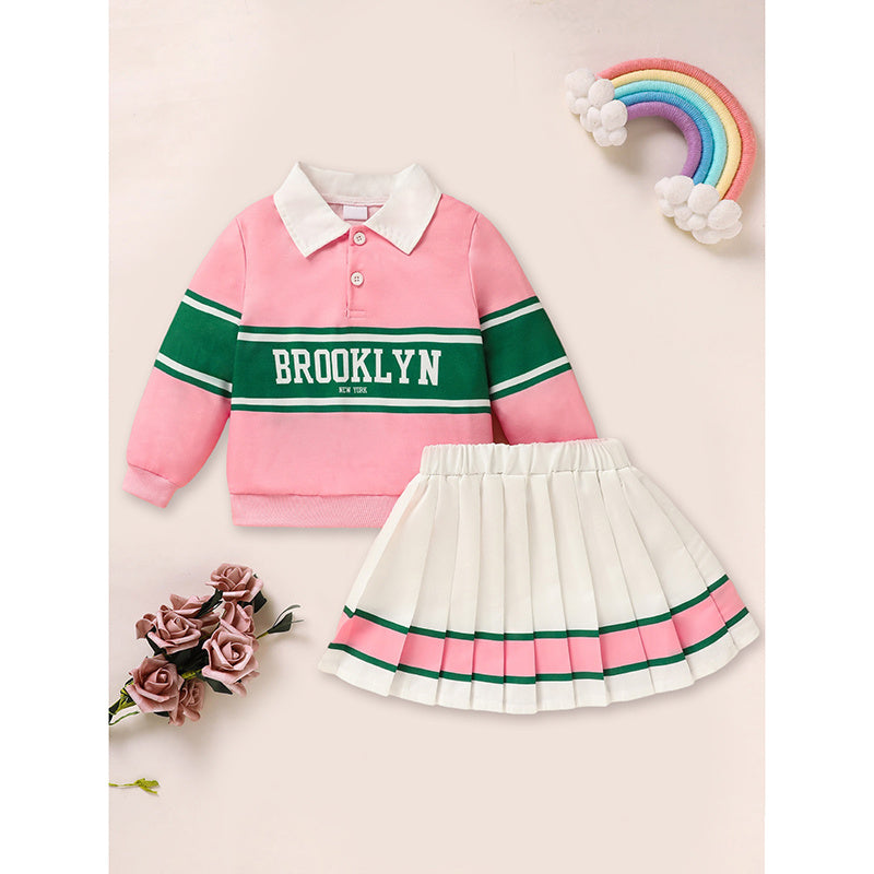 US Local Toddler Girls 2 Piece Outfit Colorblock Letter Graphic Print Sweatshirt And Pleated Skirt Set