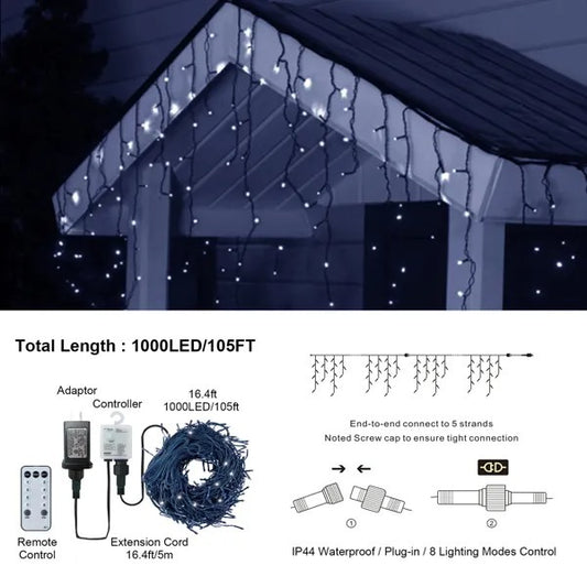 US Local 105ft Outdoor Christmas Decoration Lights,1000 LED 8 Modes Curtain Fairy Lights With 50 Drops,Plug In,Waterproof,Timer,Memory Function For Christmas Holiday Wedding Party Decorations