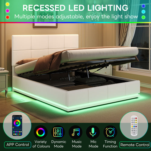 UK Local Ottoman Double Bed With LED Lighting, PU Leather Upholstered Bed With Hydraulic Storage, 4ft6 Double Bed Frame With Adjustable Square Tufted Headboard, Cream White