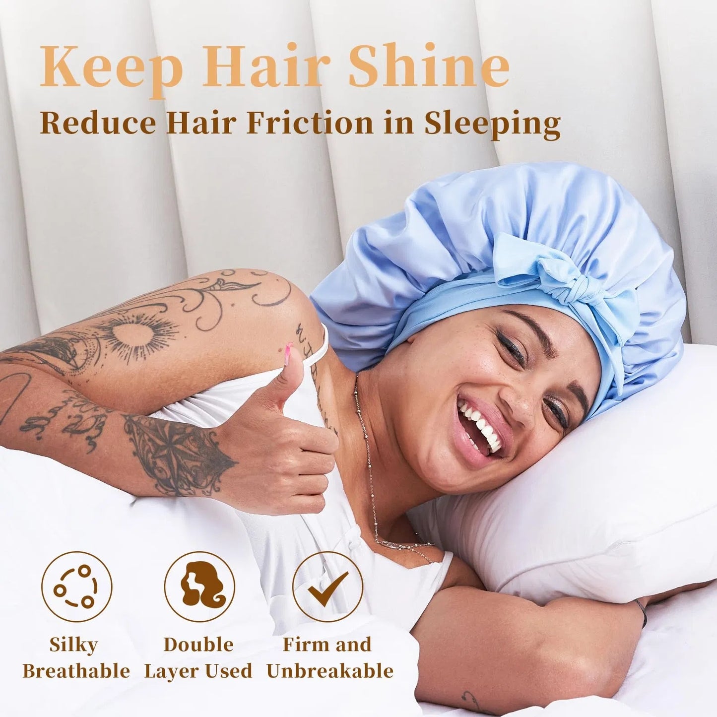 US Local Silk Bonnet For Sleeping Women, Satin Hair Bonnet For Sleeping For Wavy Curly Natural Hair Women Men - Blue