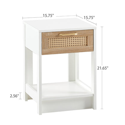 US Local 15.75 Rattan End Table With Drawer, Modern Nightstand For Bedroom, White