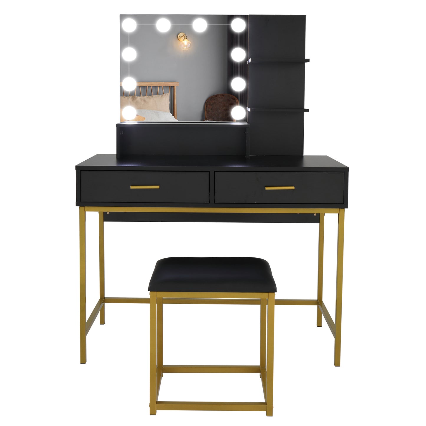 US Local Black, Particleboard, Steel Frame, Two-drawer, Three-tier Shelf, Dressing Table Set, Three-tone Light, Light Luxury