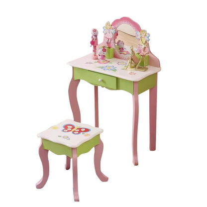 US Local Princess Vanity Make Up Table Wooden Dressing Table With Mirror And Stool For Kids