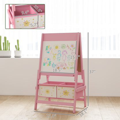 US Local Art Easel , Double-Sided Whiteboard & Chalkboard With Paper Roll, Storage Baskets , Pink
