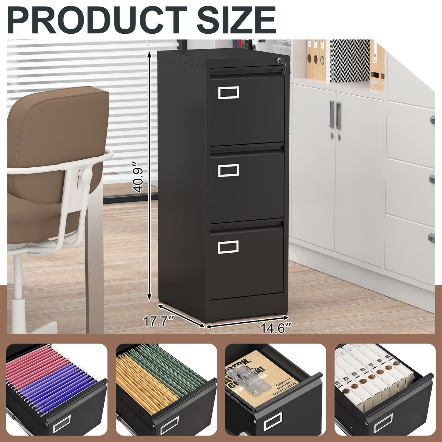 US Local 3 Drawer File Cabinet With Lock,Two Drawer Filing Cabinet,Vertical Metal File Cabinet For Home Office Organizer Storage Cabinet Fit Letter A4 Legal Size File