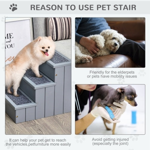 UK Local PawHut 3 Step Wooden Dog Steps Pet Stairs For Dogs, Cat Ladder For Bed Couch With Storage Grey