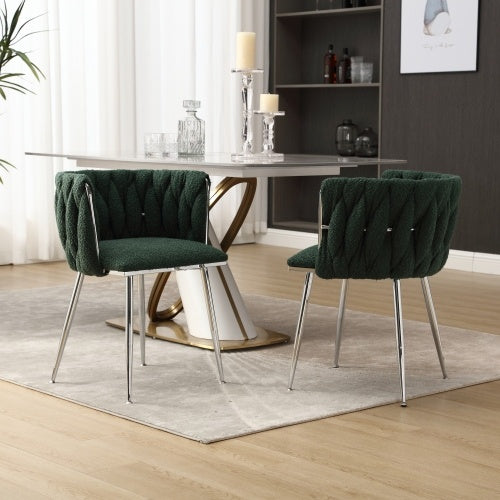 UK Local GOMYWAY Modern Hand Weaving Dining Chairs Set Of 2, Boucle Upholstered Side Chairs With Silver Legs, Kitchen Chairs With Armrest, Accent Chairs, Vanity Chairs For Dining Room Emerald, Set Of 2