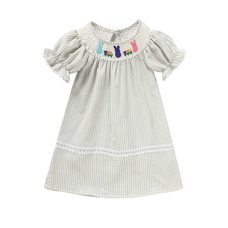 US Local Infant Baby Girls' Easter Bunny Smocked Dress Embroidered Short Sleeve Casual Summer Dress
