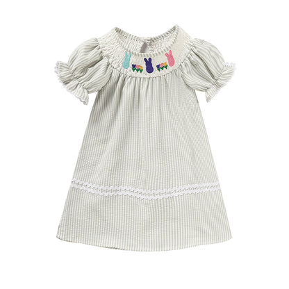 US Local Infant Baby Girls' Easter Bunny Smocked Dress Embroidered Short Sleeve Casual Summer Dress