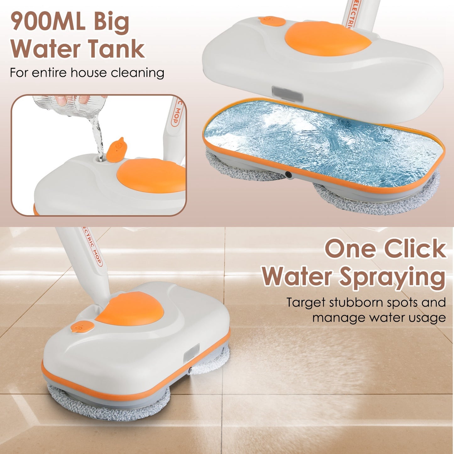 US Local 1Pc Dual Motor Cordless Spin Mop Self-Propelled Floor Cleaner With 6 Microfiber Pads 2 Speeds 900ML Water Tank One Click Spraying Headlight For Multiple Floors
