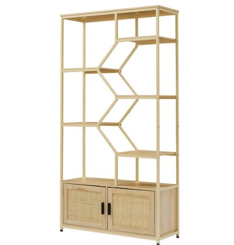 US Local Bookshelves In Rattan, 7-tier Bookcase Storage Shelves For Living Room, Home Office, Natural Color