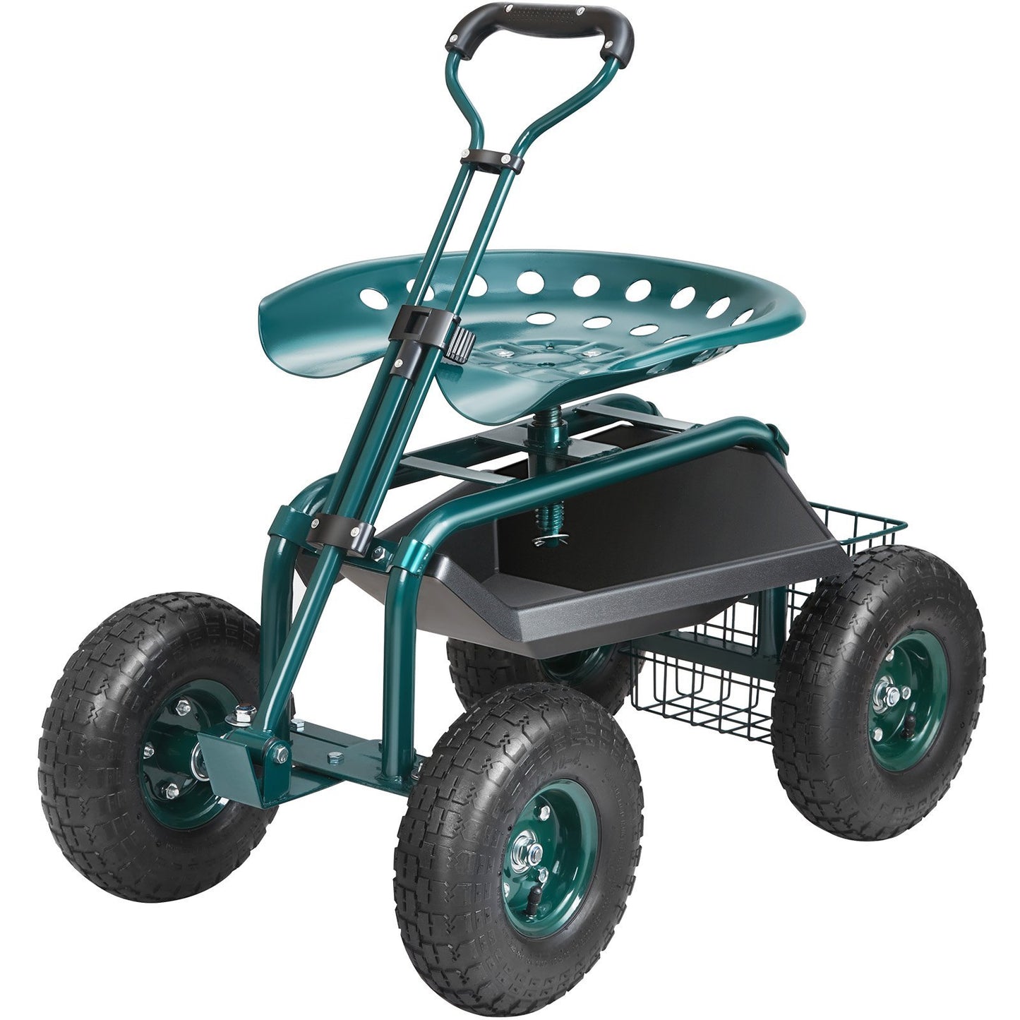 US Local VEVOR Garden Cart Rolling Workseat With Wheels, Gardening Stool For Planting, 360 Degree Swivel Seat, Wagon Scooter With Steering Handle & Utility Tool Tray, Use For Patio, Yard, And Outdoors, Green