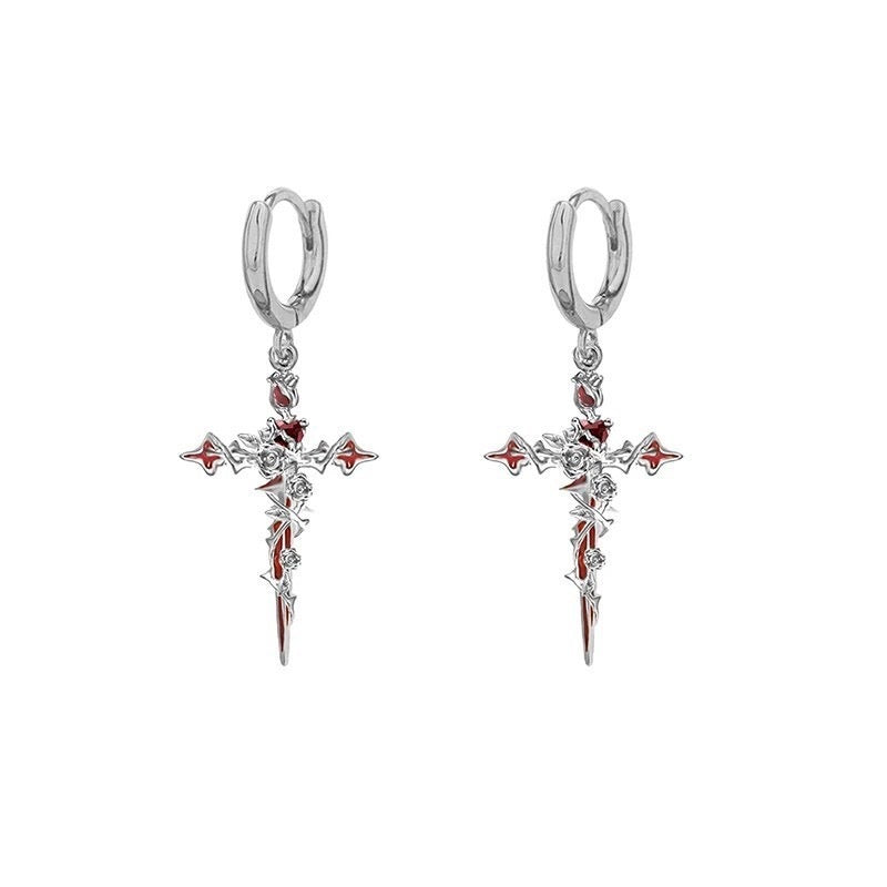 Halloween Cross Thorn Rose Pendant Earrings