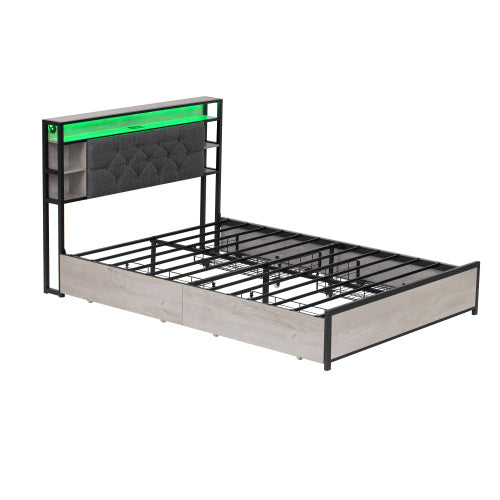 UK Local 4ft6 Double Bed With 4 Storage Drawers, Bed Frame With Concealed Headboard Storage, Button Tufted Headboard With LED Lighting And Charging Station, Vintage Rustic Wooden, Linen, Grey