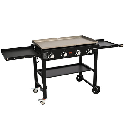 US Local Commercial Griddle On Cart, 36' Heavy Duty Manual Flat Top Griddle, Outdoor Cooking Station With Side Shelves, Steel Natural Gas Griddle, 4-Burners Restaurant Portable Tested ToStandards