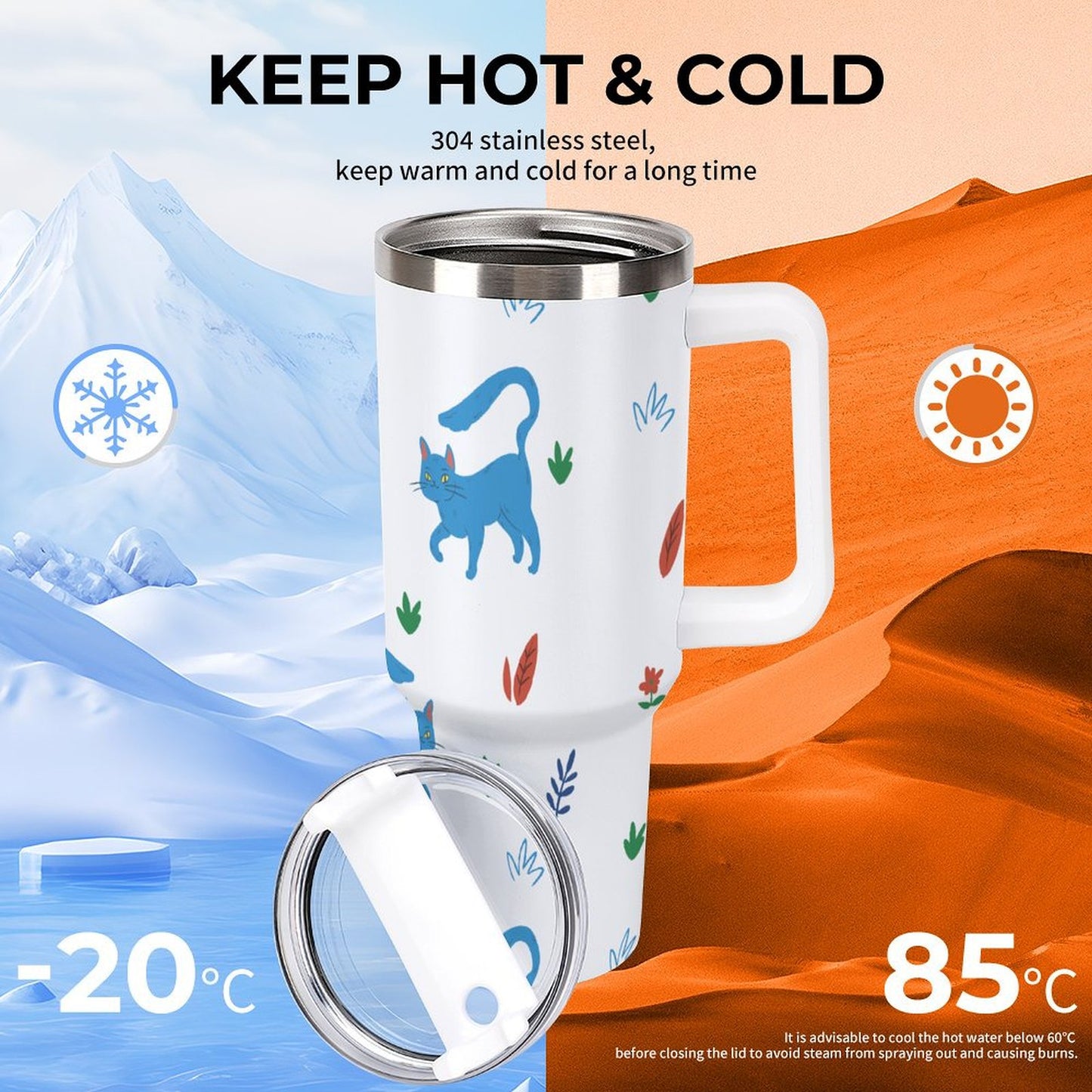 PHDT00265 POD US Local Tumbler 40 oz Large Capacity Car Cup Cat leaf flower blue orange