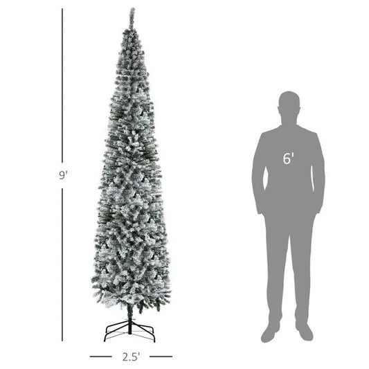 CA Local 9 ft Flocked Christmas Tree, Pencil Christmas Tree With Realistic Branch Tips, Folding Metal Stand, Green