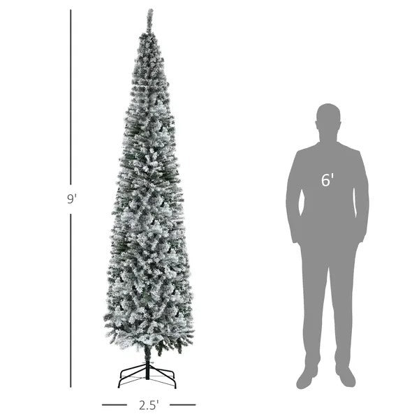 CA Local 9 ft Flocked Christmas Tree, Pencil Christmas Tree With Realistic Branch Tips, Folding Metal Stand, Green