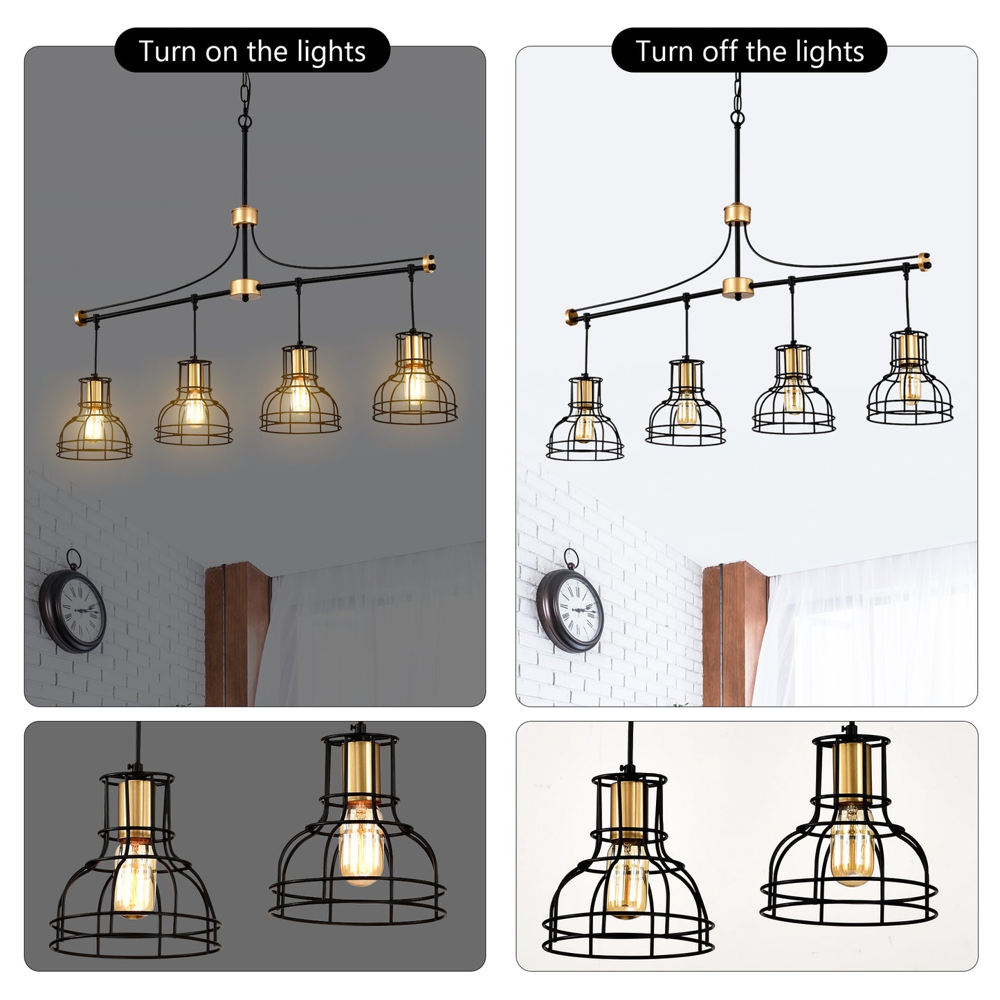 US Local Dining Room Light Fixture Chandelier Over Table, 40-Inch Hanging For Farmhouse Linear Chandeliers,4-Light Kitchen Island Lighting,Matte Black And Matte Gold Ceiling Chandelier,with Metal Lampshade