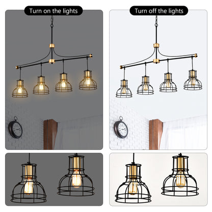 US Local Dining Room Light Fixture Chandelier Over Table, 40-Inch Hanging For Farmhouse Linear Chandeliers,4-Light Kitchen Island Lighting,Matte Black And Matte Gold Ceiling Chandelier,with Metal Lampshade