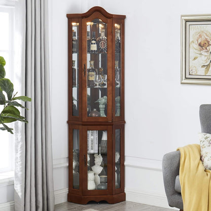 US Local Corner Curio Cabinet With Lights, Adjustable Tempered Glass Shelves, Mirrored Back, Display Cabinet,