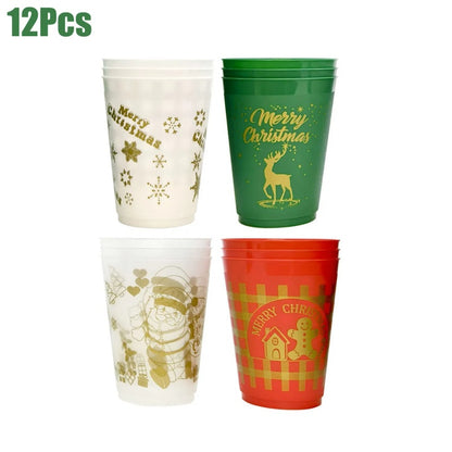 US Local 12 Pcs Christmas Plastic Tumblers Gingerbread Man Santa Reindeer Pattern 16 Oz Reusable Drink Cups Cute Beverage Cups For Beer Coffee Tea Xmas Holiday Party Supplies