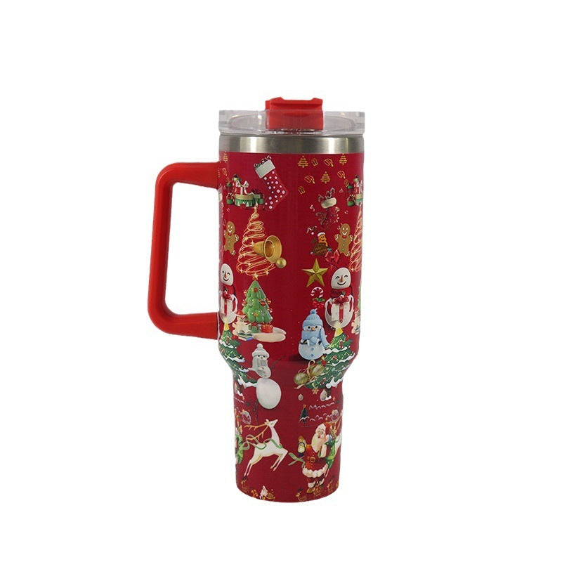 Christmas Pattern Mug With Handle Lid Straw Drinkware Stainless Steel Vacuum Tumbler Large Capacity Car Travel Coffee Cup