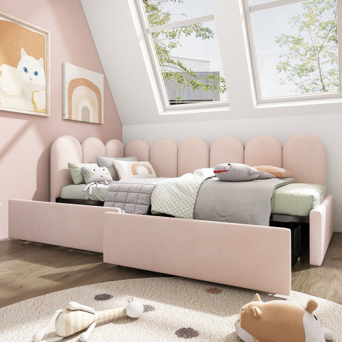 UK Local Upholstered Bed Daybed With Drawers Storage,3FT Single Sofa Bed 90X190cm, Sofa Bed For Adults And Children , Bed Frame With Slatted Frame, Velvet, Pink No Mattress