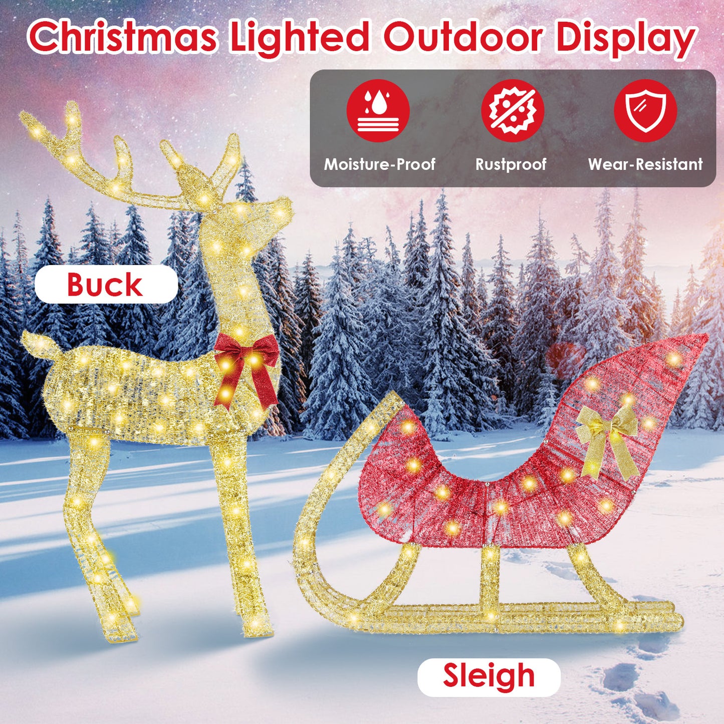 US Local 1 Pc Lighted Christmas Reindeer & Sleigh Indoor Outdoor Christmas Decoration Christmas Lighted Display With 8 Lighting Modes