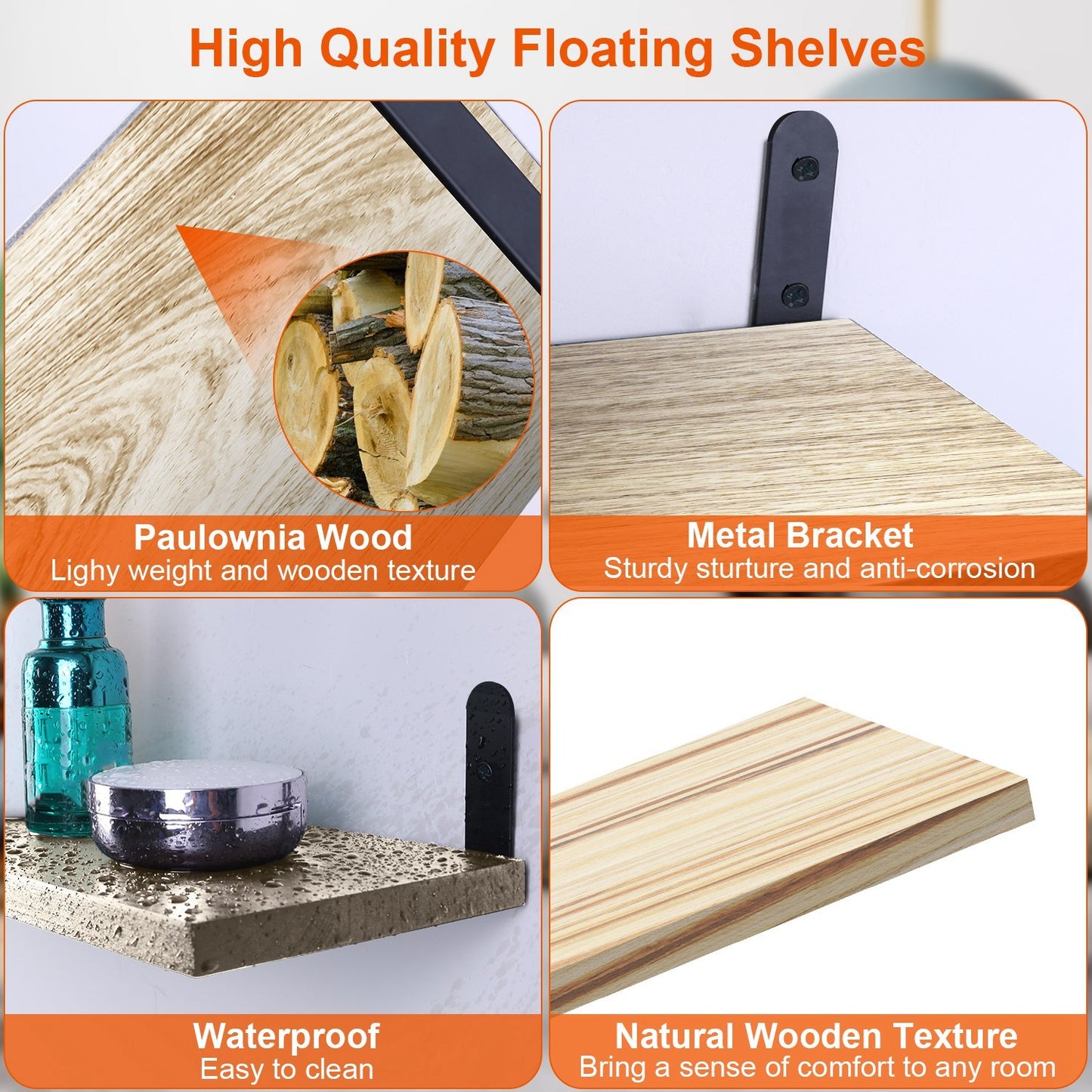 US Local 6 Sets Floating Shelves 15.74x5.74Inch Wall Mounted Shelves Wood Storage Shelves Metal Bracket Hanging Display Shelf Wall Organizer For Living Room Bathroom Kitchen Decor