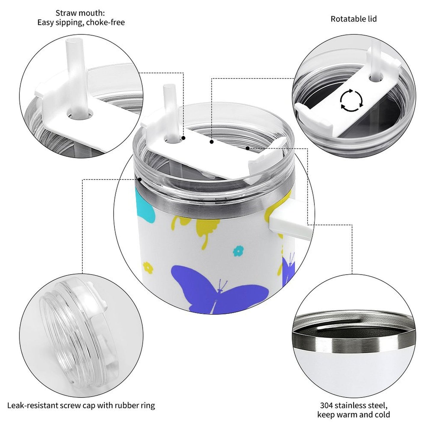 PHDT00495 POD US Local Tumbler 40oz Large Capacity Car Cup Butterfly Red Blue ellow