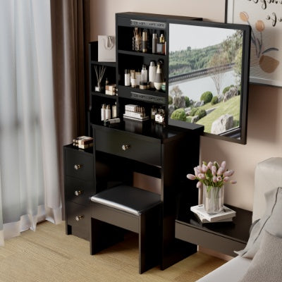 US Local 29.2 Small Space Left Bedside Cabinet Vanity Table  Cushioned Stool, Extra Large Right Sliding Mirror, Multi Layer High Capacity Storage, Practical Fashionable Dresser, Suitable For Small Space