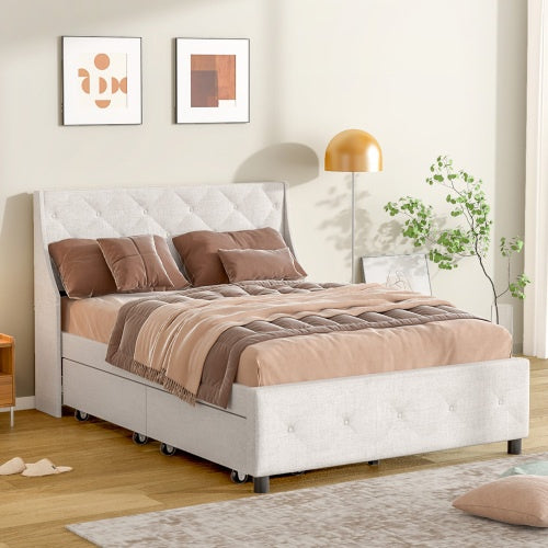 US Local Queen Size Bed Frame With Storage Headboard, Metal Platform Bed No Noise, Mattress Foundation Strong Metal Slats Support No Box Spring Needed