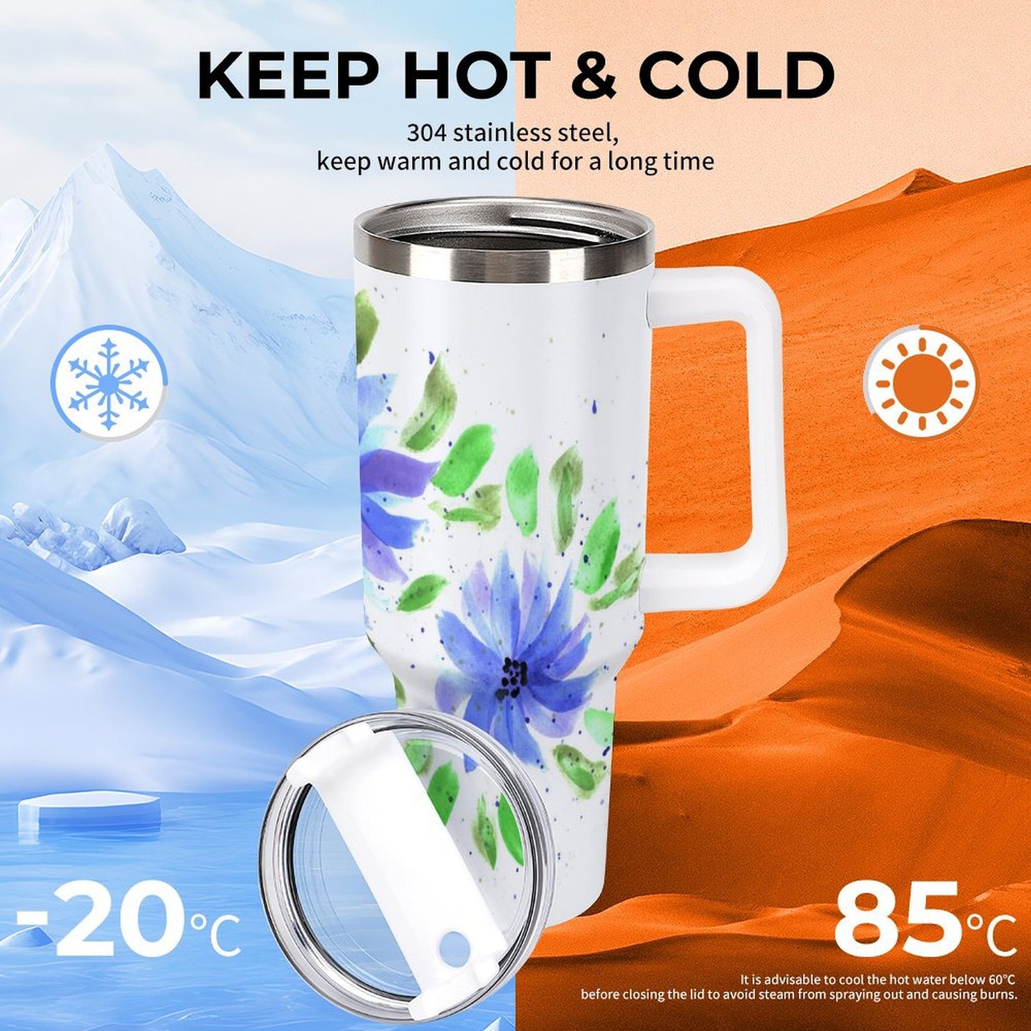 PHDT00144 POD US Local Tumbler 40 oz Large Capacity Car Cup Watercolor, Blue Flowers, Green Leaves