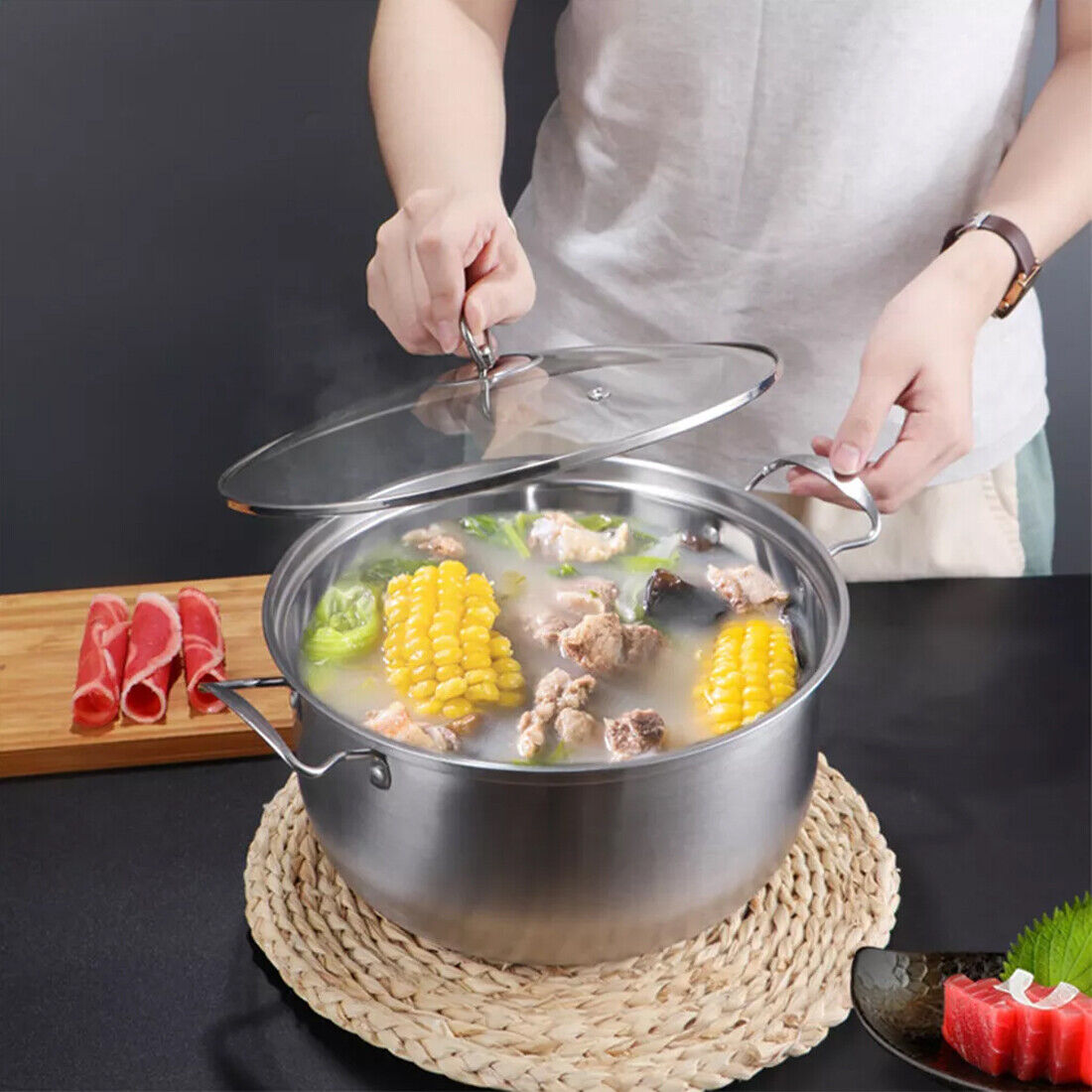 US Local 11PCS Induction Non Stick Stainless Steel Cookware Cooking Pot Pan With Lids Set