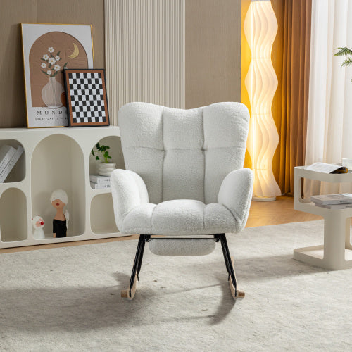 UK Local New Modern Teddy Fabric Tufted Upholstered Rocking Chair With Pull-out Footrest
