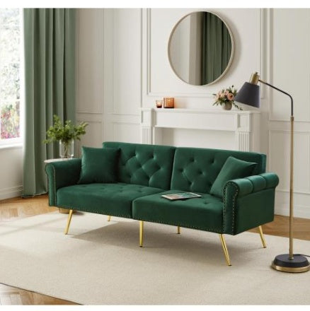 UK Local Modern 2-Seater Sofa Bed Velvet Upholstery, 3 Stage Adjustable Backrest Gold Plated Metal Feet Stylish Sofa With Sleeping Function  Space-Saving Durable Ideal For Small Spaces