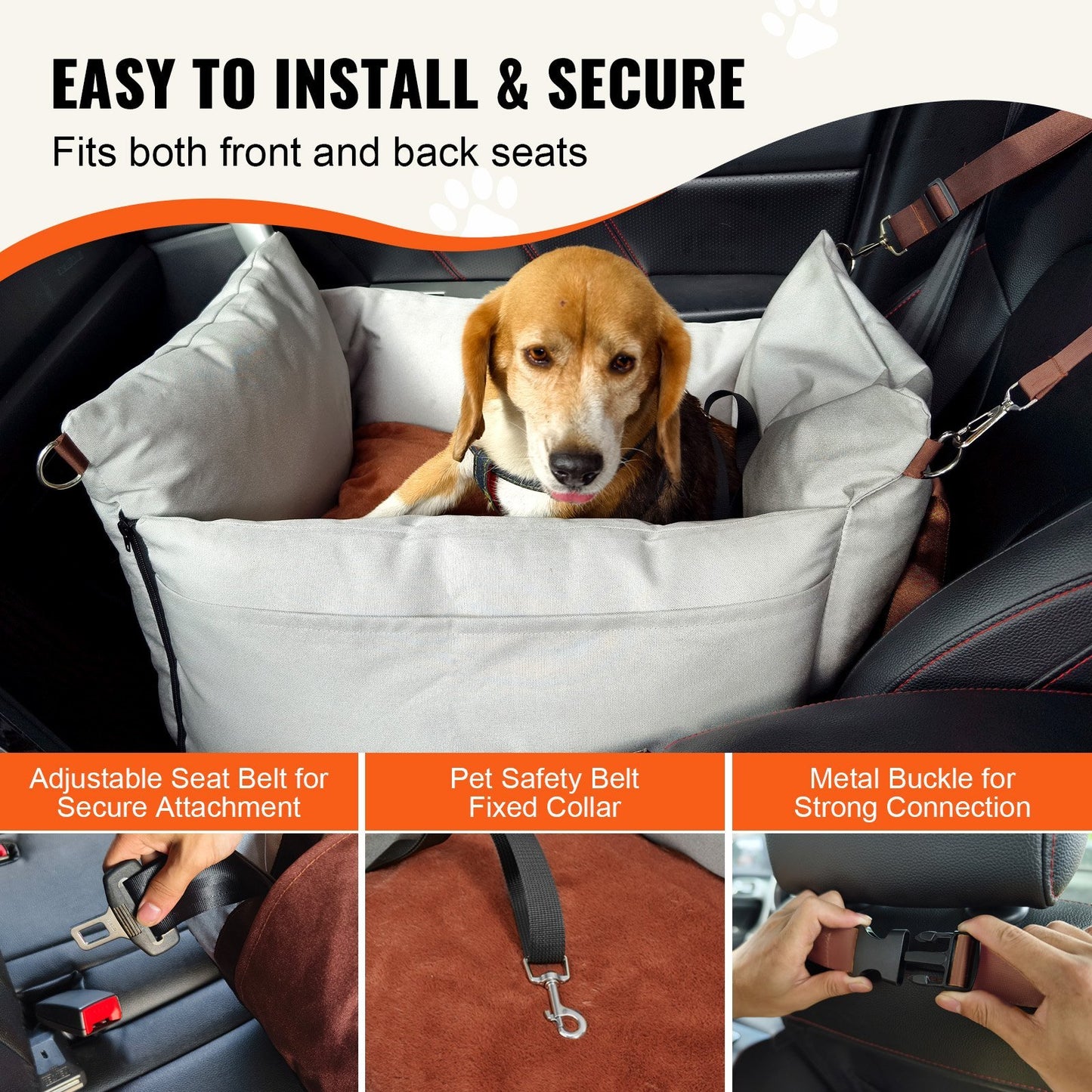UK Local Dog Car Seat, Waterproof Dog Booster Seat For Car With Side Handles And A Storage Pocket, Clip-On Safety Leash And PP Cotton Filling, Dog Car Bed For Small Dog Up To 25lbs, Gray