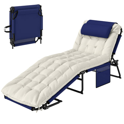 US Local Folding Chaise Lounge Pool Chair With 4-level Reclining Back, Cushion, Side Pocket, Headrest, Navy Blue