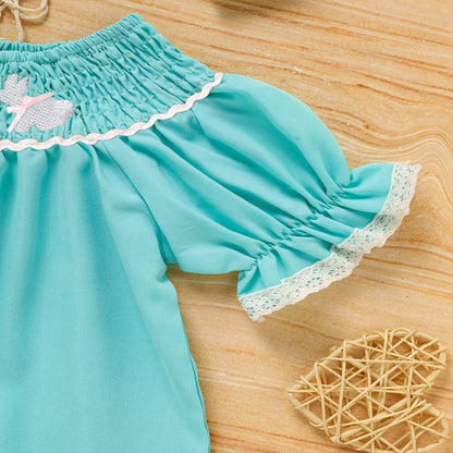 US Local Toddler Girl's Bunny Dress Bow Headband Ruffle Sleeve Smocked Dress With Rabbit Embroidery For Summer