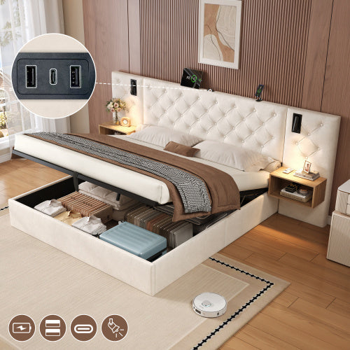 UK Local King Upholstered Bed With Charging Station, Velvet Hydraulic Storage Bed With Reading Light, 5ft King Bed Frame With Handmade Button Tufted Wide Headboard And Bedside Storage, Beige