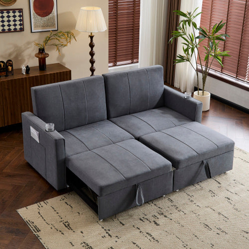 UK Local 207cm King Size Independent Pull Out Sofa Bed, Convertible Fabric Sofa Chair With Cup Holders, Side Pockets, Fabric Loveseat Couch Chaise Lounge For Living Room, Apartment