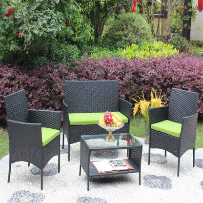 US Local 4 PC Rattan Patio Furniture Set Outdoor Patio Cushioned Seat Wicker Sofa Green Cushion
